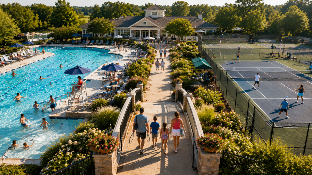 Best Swim and Tennis Club Software 2026 Community swim and tennis club with pool and courts connected by a central walkway